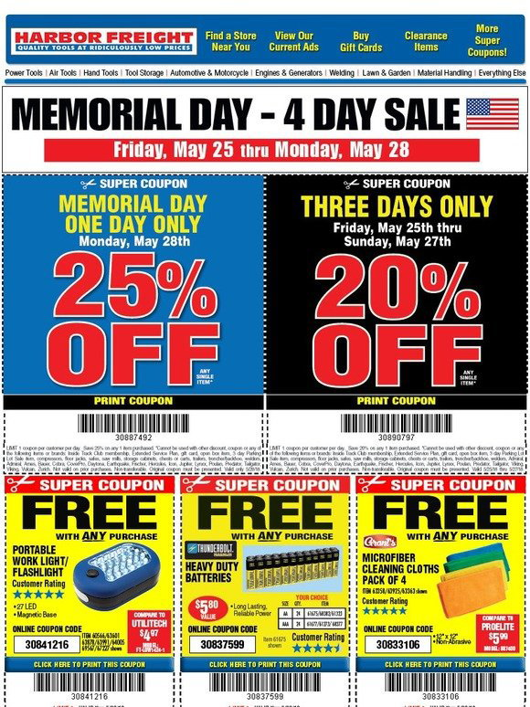 Harbor Freight Tools ATTENTION • Memorial Day 4 Day Sale • Starts
