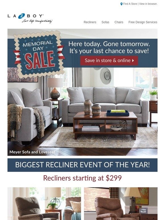 LaZBoy Memorial Day Sale ENDS TODAY! Milled