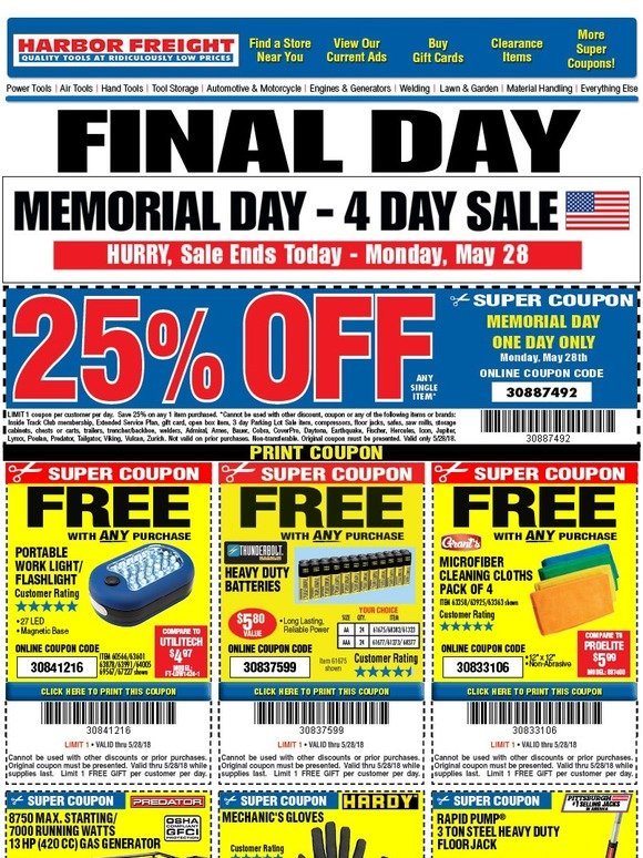 Harbor Freight Tools Your 25 Off Coupon is Valid Now • Memorial Day