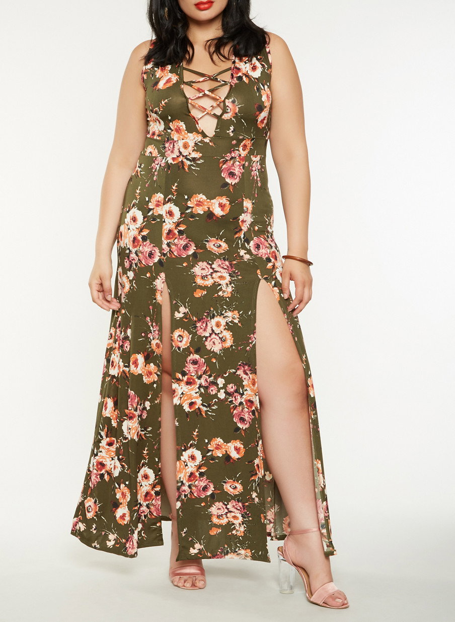 Plus Size Floral Lace Up Maxi Dress