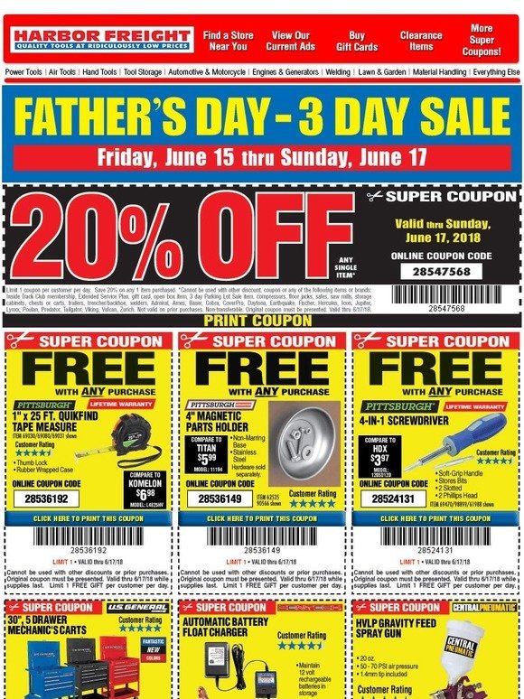 Harbor Freight Tools SPECIAL NOTICE Father's Day 3 Day Sale