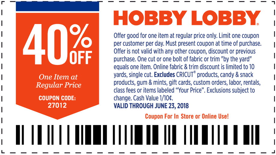 40% Off One Item At Regular Price. Valid through June 23, 2018. *See Full Coupon For Details