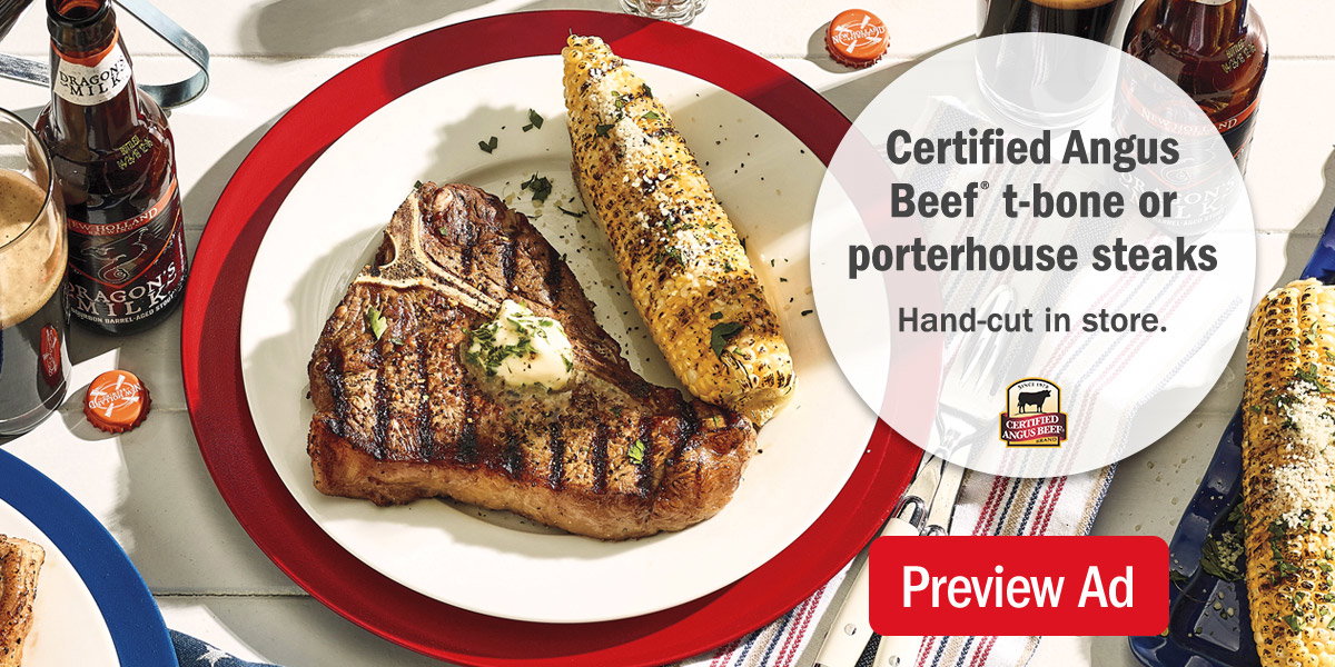 Certified Angus Beef t-bone or porterhouse steaks. Hand-cut in store.