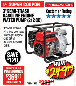 3 in. 212cc Gasoline Engine Semi-Trash Water Pump - 290 GPM