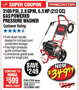 3100 PSI, 2.8 GPM, 6.5 HP (212cc) Pressure Washer EPA III