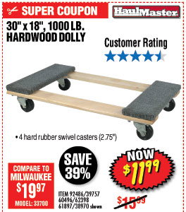 30 In x 18 In 1000 lb. Capacity Hardwood Dolly