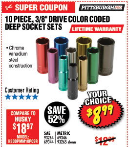 10 Pc 3/8 in. Drive Metric Color Coded Deep Socket Set