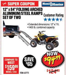 1400 Lbs. Capacity 12 in. x 84 in. Folding Arched Aluminum/Steel Loading Ramps, Set of Two