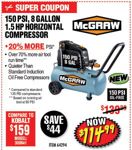 8 gallon 1.5 HP 150 PSI Oil Free Portable Air Compressor
