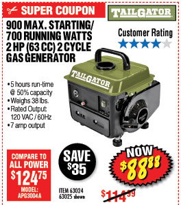 900 Max Starting/700 Running Watts, 2 HP (63cc) 2 Cycle Gas Generator EPA/CARB