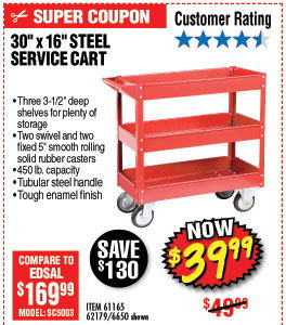 30 In. x 16 In. Three Shelf Steel Service Cart