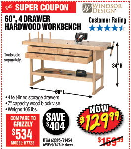 60 in. 4 Drawer Hardwood Workbench