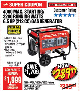 4000 Max Starting/3200 Running Watts, 6.5 HP (212cc) Generator EPA III with GFCI Outlet Protection