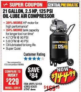 21 gal. 2.5 HP 125 PSI Cast Iron Vertical Air Compressor