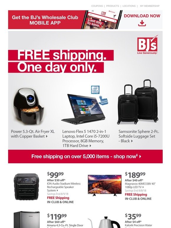 BJs Wholesale Club [1 Day Only] FREE shipping on over 5,000