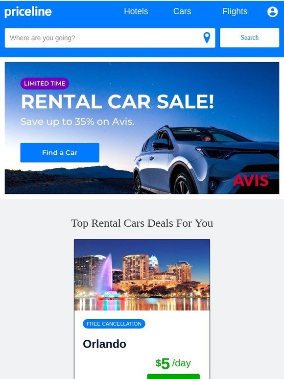 Priceline 21 Rental cars booked per minute, as low as 5! Reserve