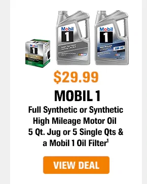 $29.99 - Mobil 1 - Full Synthetic or Synthetic High Mileage Motor Oil 5-quart Jug or 5 single quarts and a Mobil 1 Oil Filter - View Deal