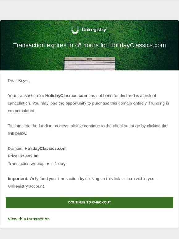 WARNING: Transaction Expires in 48 Hours for HolidayClassics.com