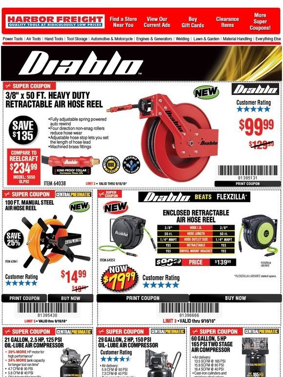 Harbor Freight Tools: Discover our NEW Diablo Hose Reels - Built to Handle  TOUGH Work Conditions.