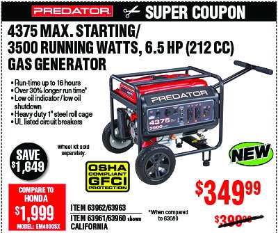 4375 Max Starting/3500 Running Watts, 6.5 HP (212cc)
Generator CARB with GFCI Outlet Protection