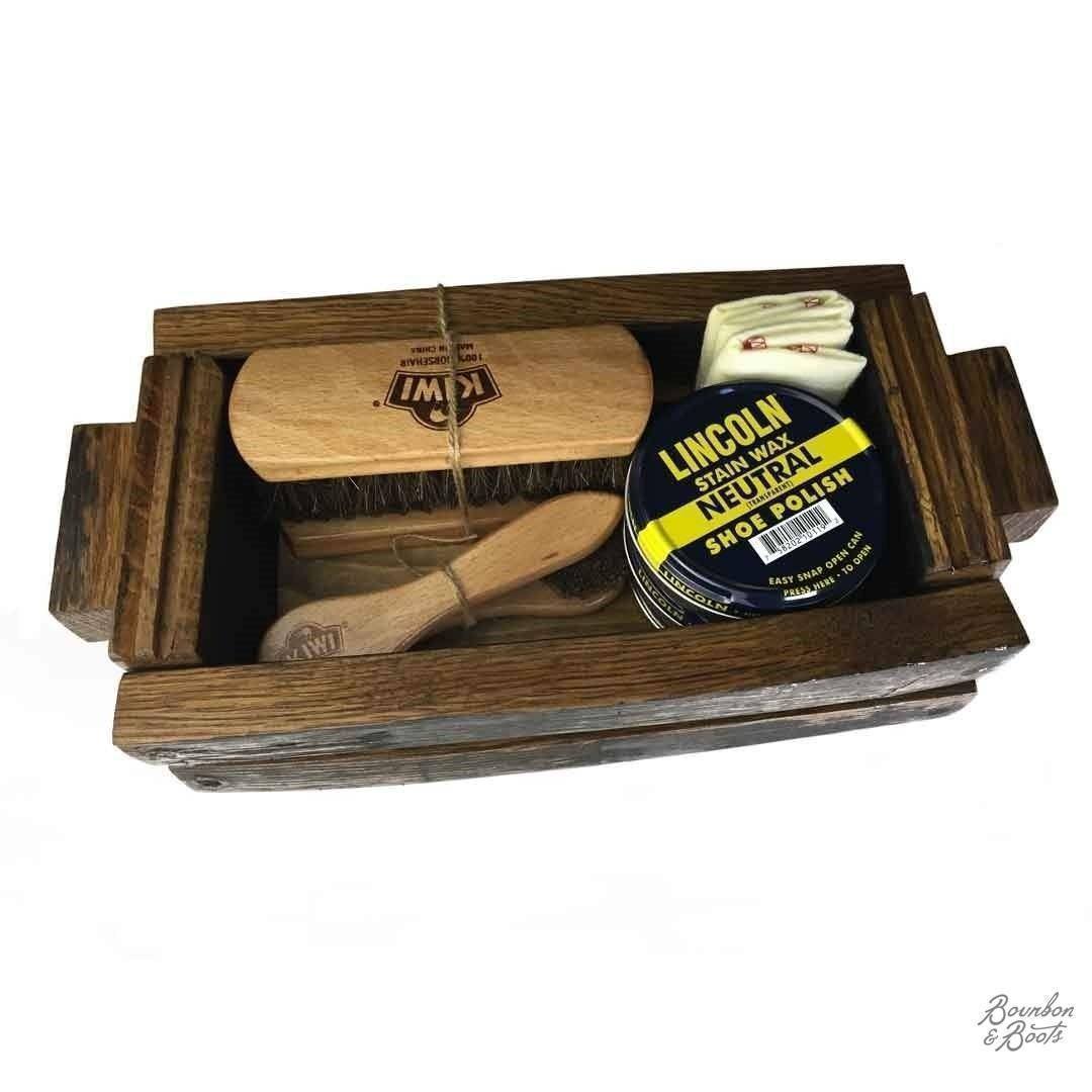 Image of Reclaimed Bourbon Barrel Stave Basket Shoe Shine Kit