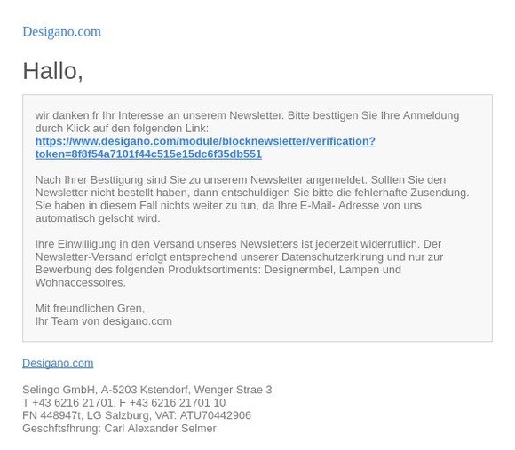 [Desigano.com] Bitte bestätigen Sie Ihre Newsletter Anmeldung
