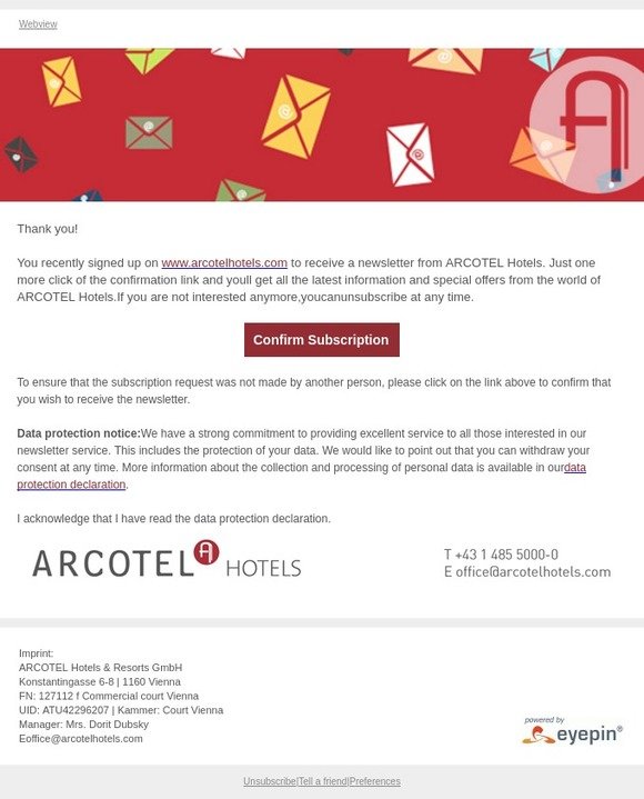 Confirm ARCOTEL Hotels newsletter subscription