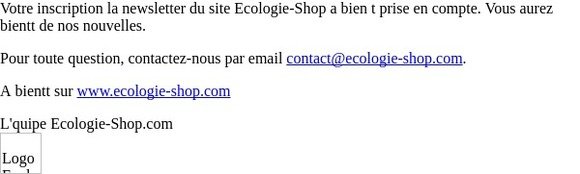 Ecologie-Shop - Confirmation d'inscription à la newsletter