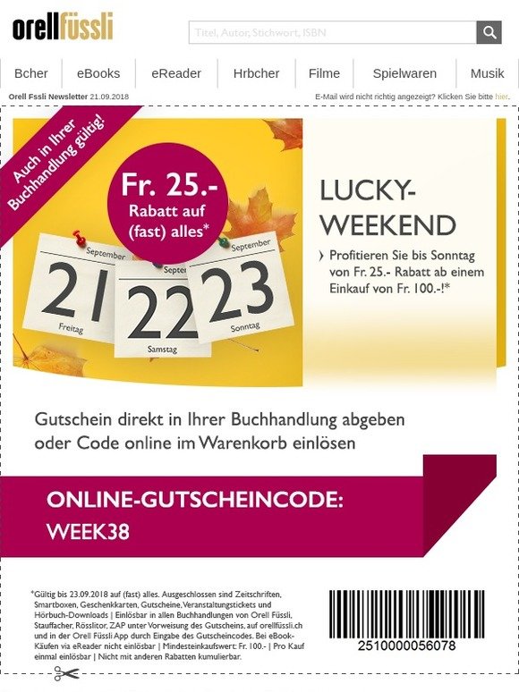 Lucky Weekend: Fr. 25 Rabatt auf (fast) alles