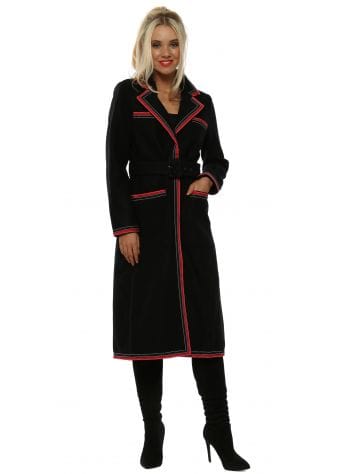 Black Ribbon Edge Belted Overcoat 