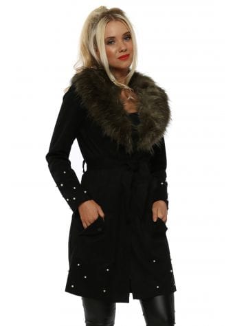 Black Suede Pearl Embellished Faux Collar Coat 
