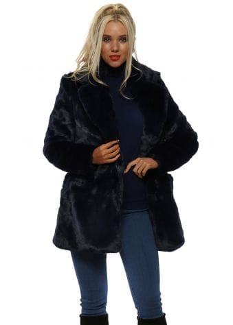 Navy Blue Luxurious Full Faux Fur Coat