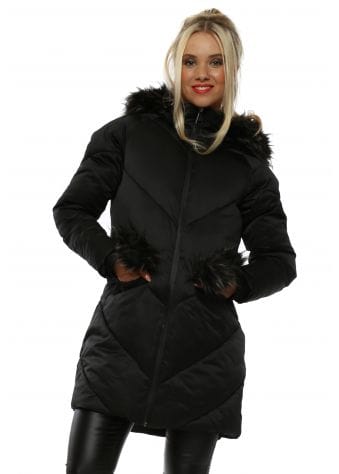 Black Luxurious Faux Fur Hood & Pockets Quilted Coat