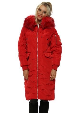 Red Faux Fur Hooded Kisses Quilted Long Coat
