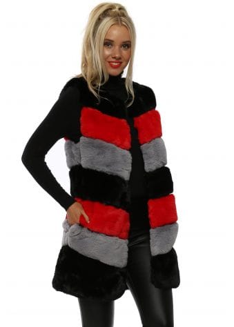 Black Grey & Red Tiers Faux Fur Gilet