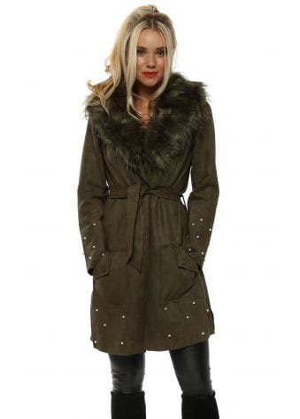 Khaki Suede Pearl Embellished Faux Collar Coat