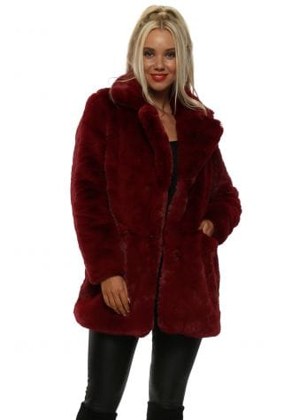 Burgundy Luxurious Full Faux Fur Coat