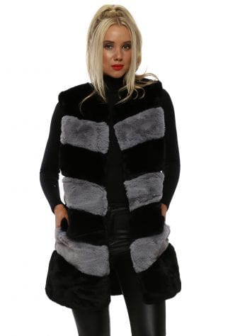 Black & Grey Tiers Faux Fur Gilet