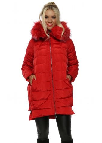 Red Faux Fur Hooded Side Zip Quilted Coat