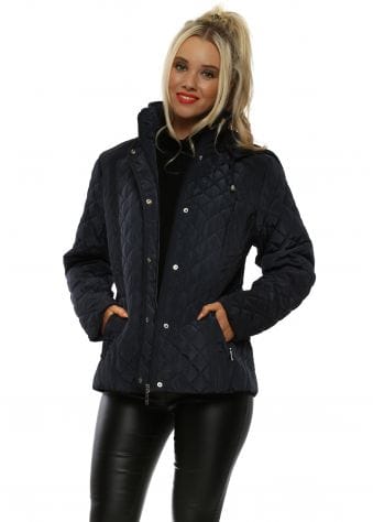Navy Diamond Quilted Hooded Short Coat