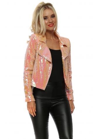 Pink Fully Sequinned Biker Jacket