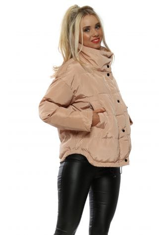 Nude Pink Funnel Neck Quilted Jacket 