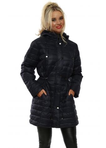 Navy Shiny Long Hooded Quilted Coat