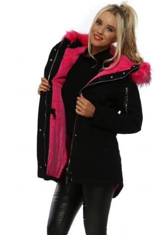 Black Pink Faux Fur Hooded Parka