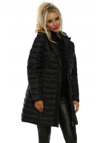 Black Shiny Long Hooded Quilted Coat
