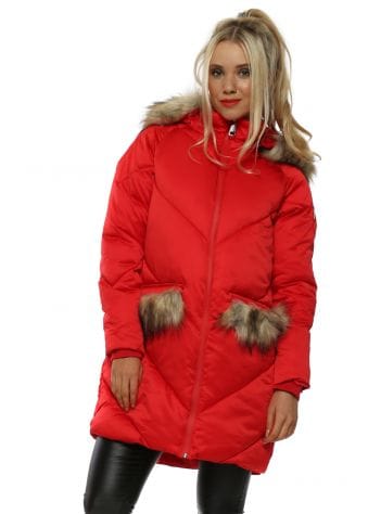 Red Luxurious Faux Fur Hood & Pockets Quilted Coat