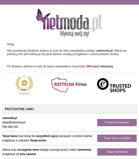 netmoda.pl - Dodanie adresu e-mail do listy newslettera