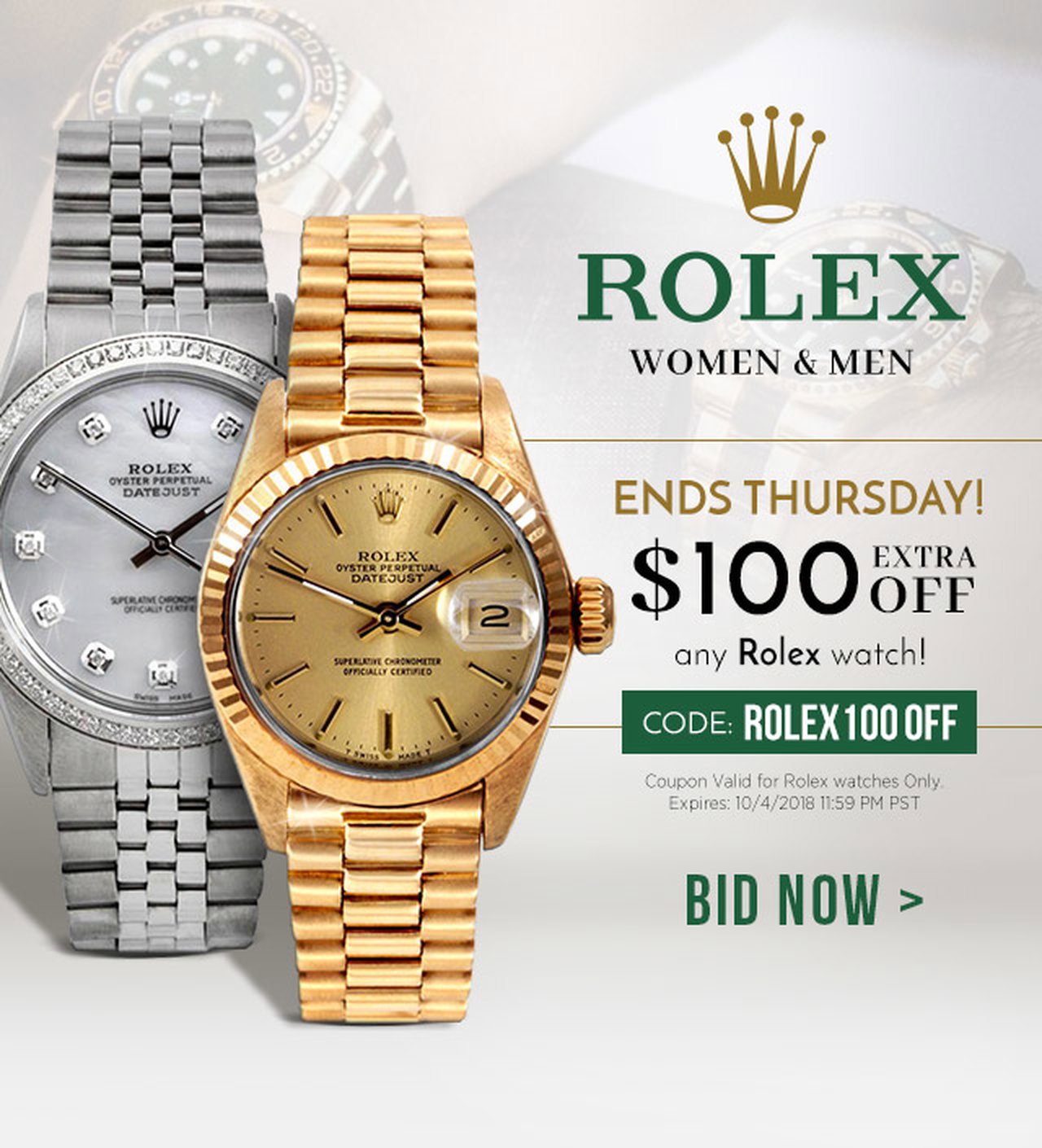 Bidz US: EXTRA $100 OFF any Rolex watch 