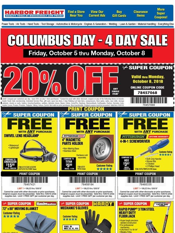 Harbor Freight Tools: 4 Days Only! Columbus Day Savings Starts Now | Milled