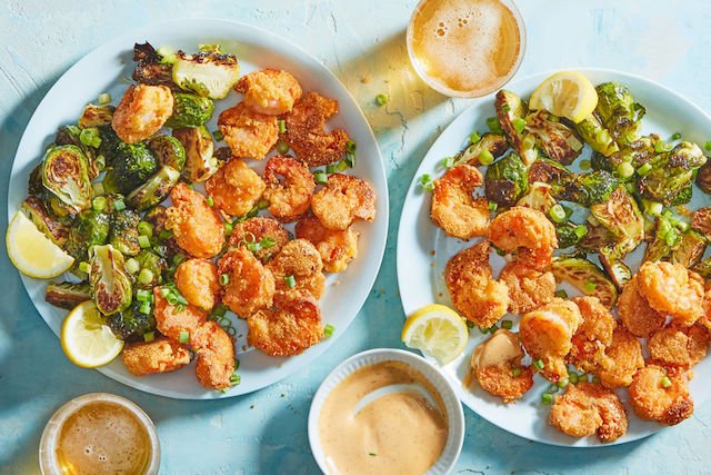 PopCorn Bread Shrimp with Crispy Brussels & Chipotle Ranch